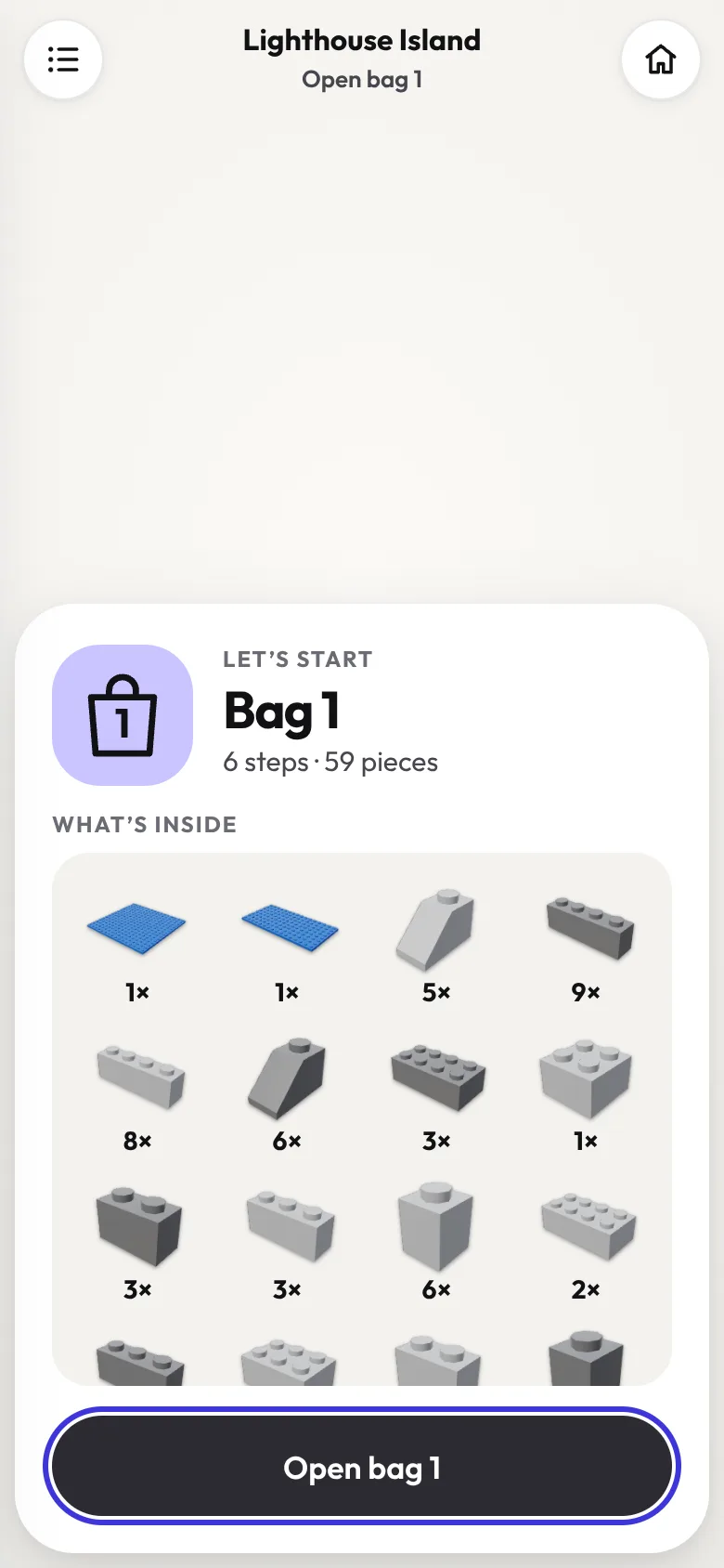 The card at the start of bag 1 of the Lighthouse Island, showing the 59 pieces inside.