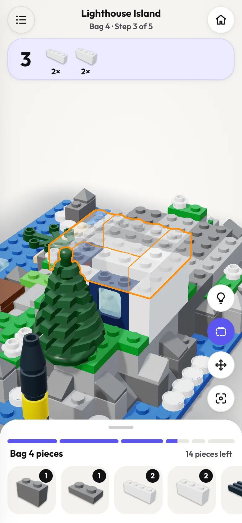 Building the Lighthouse Island: the step card at the top, glowing outlines where the pieces go, and the parts tray at the bottom.