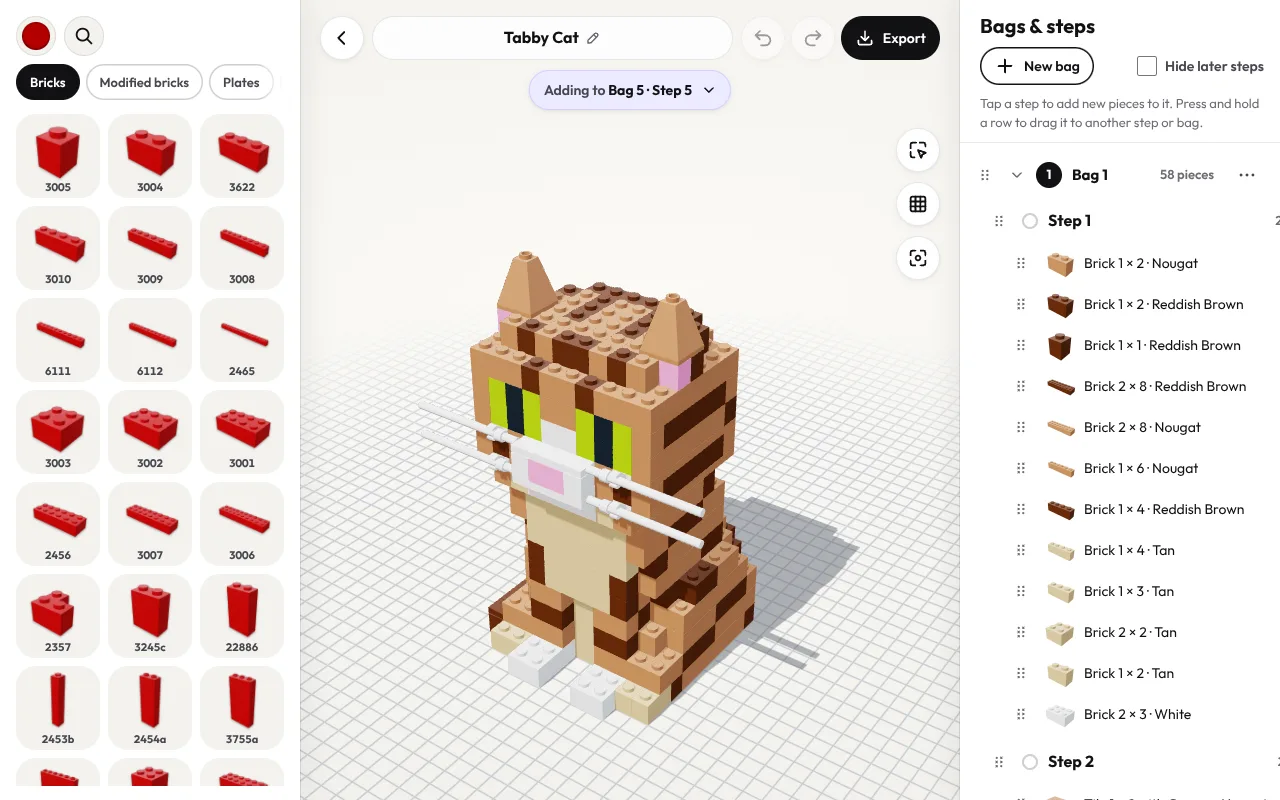 Create on a computer: the parts tray on the left, the Tabby Cat model in the middle, and its bags and steps on the right.
